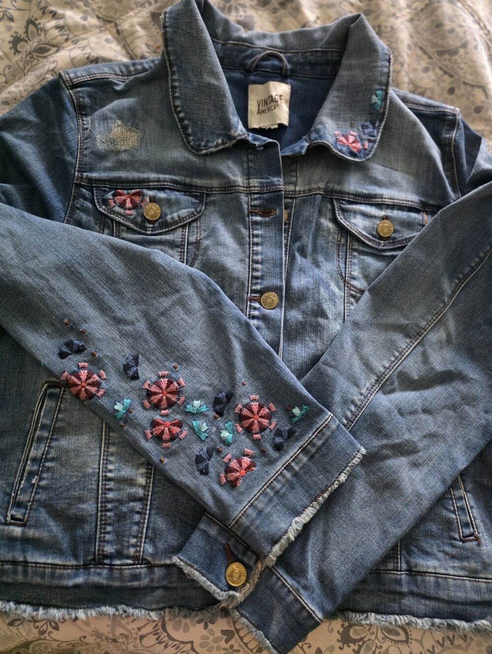 Vintage America Embroidered Denim Jacket - Blue with Pink & Teal Floral Accents